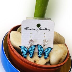 Cute Blue Resin Butterfly Rhinestone Enamel Fashion Dangle Earrings set 1.25"